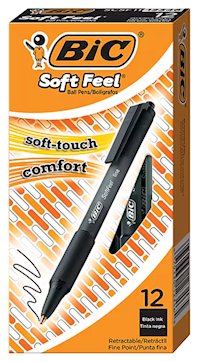 PENS, BALLPOINT, RETRACTABLE, BIC, SOFT FEEL, FINE POINT, 0.8MM, BLACK INK, 12/CT MAIN